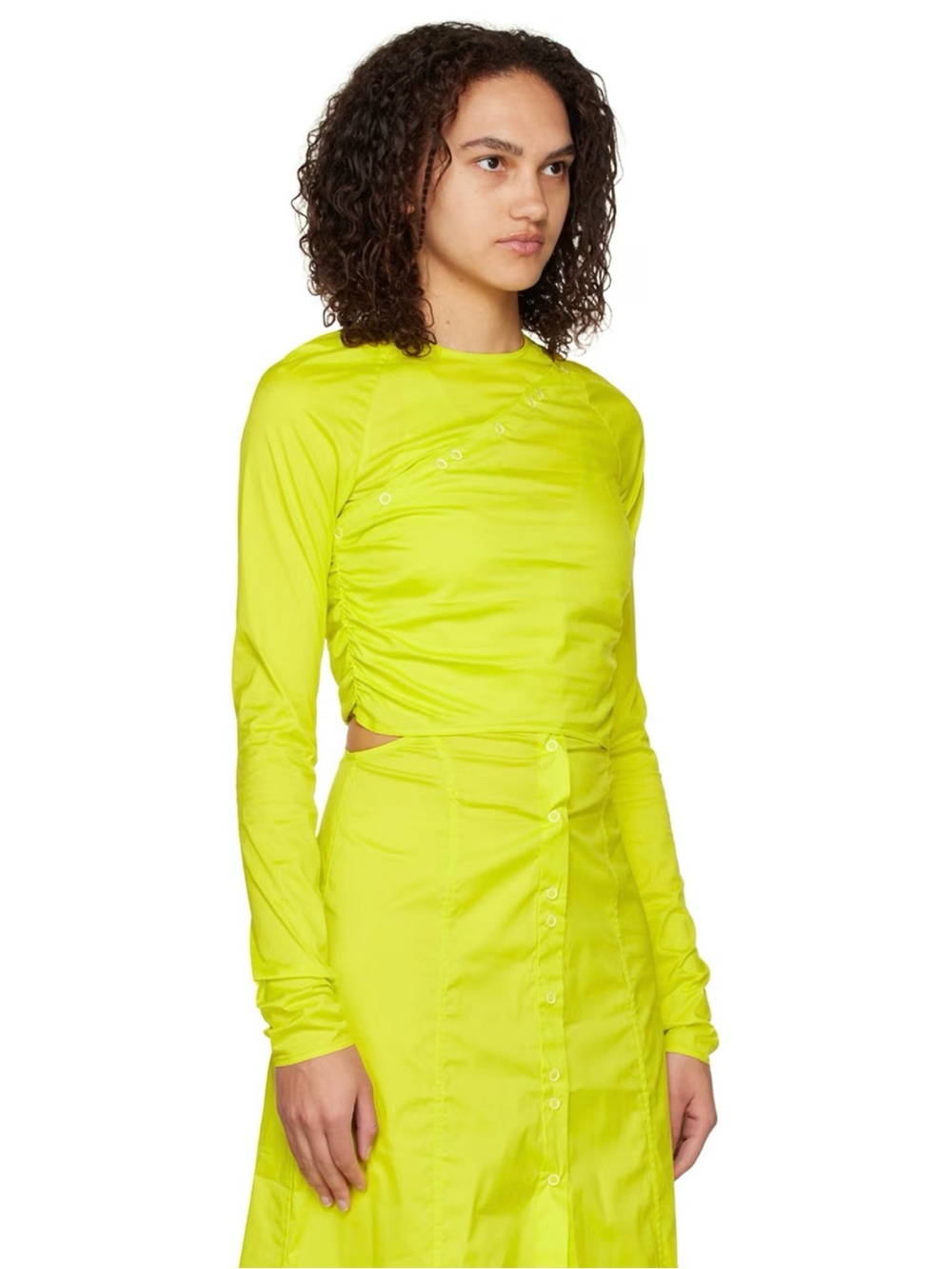 Ganni Neon Long-Sleeve Ruched Crop Top - New with Tags
